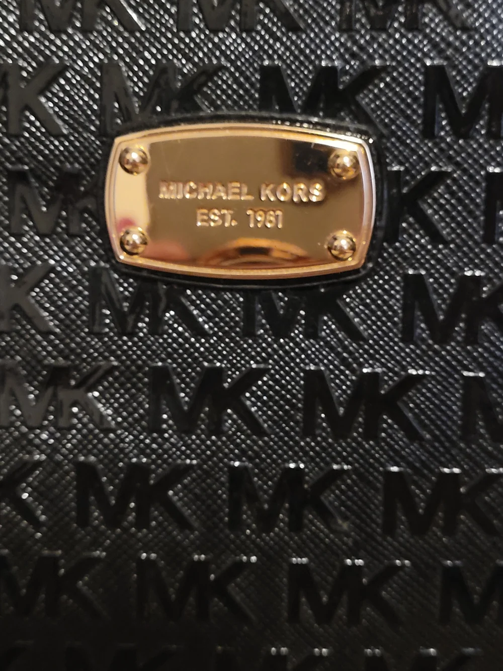 Michael Kors Black Patent MK Monogram Satchel Shoulder Bag Gold Hardware